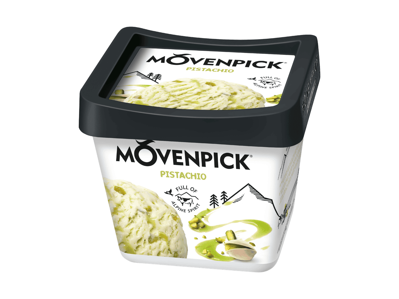 Pistazieneisbehälter mit einer Kugel Eis und Pistazien.