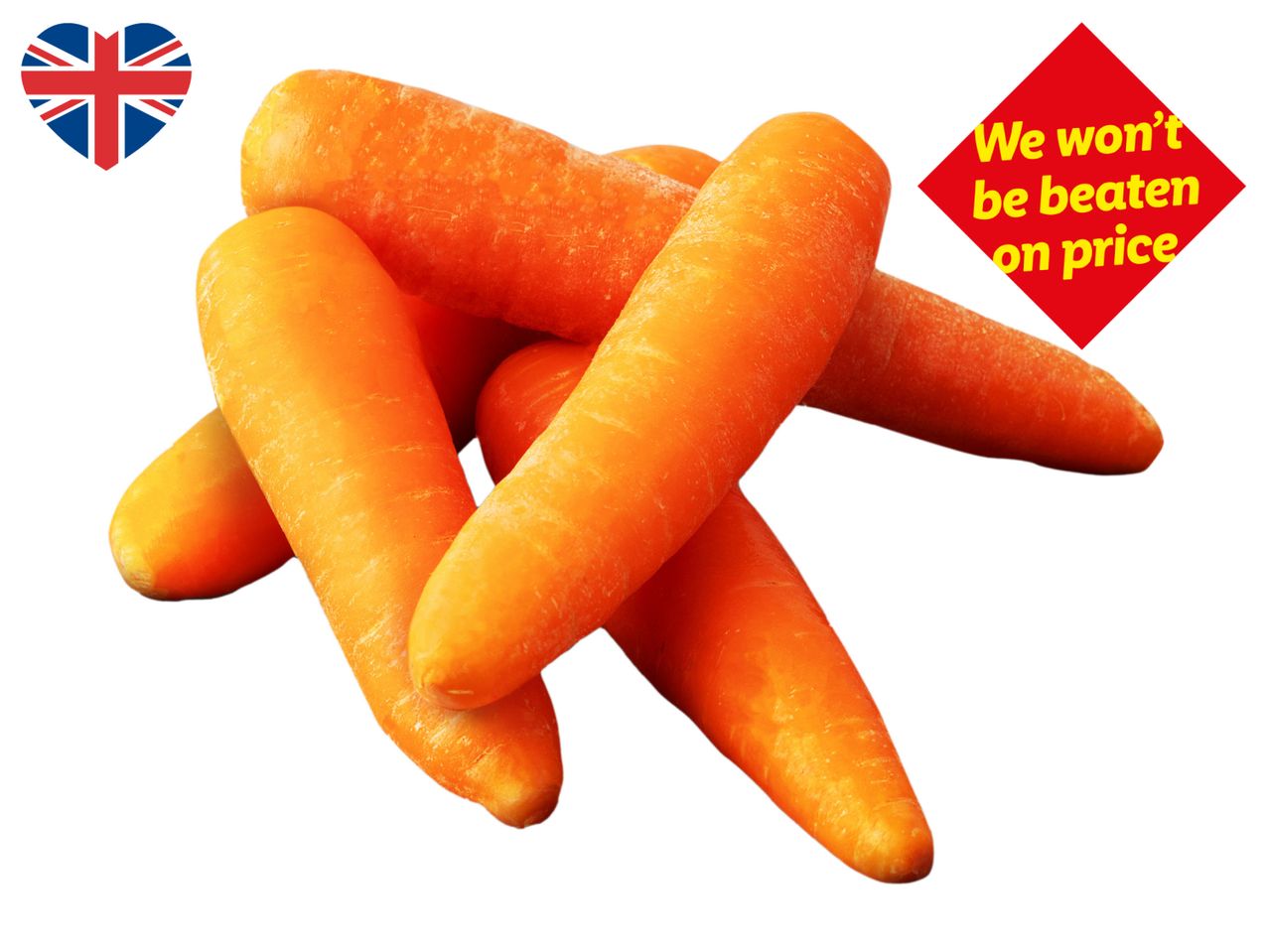 Pile of carrots with a Union Jack heart and a red diamond stating 'We won't be beaten on price'.
