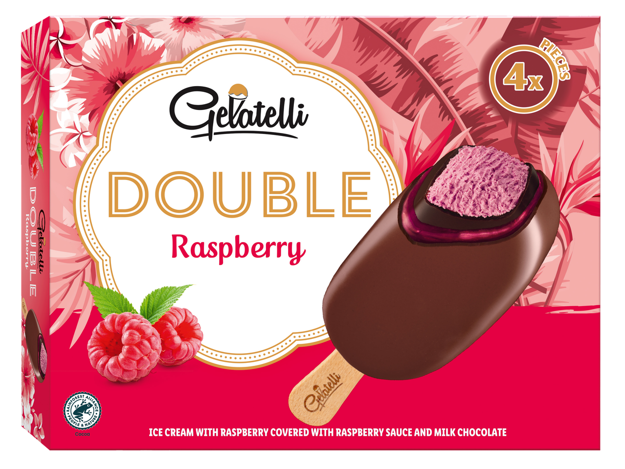 Gelatelli Double Raspberry: frambozenijsjes omhuld met melkchocolade en frambozensaus.