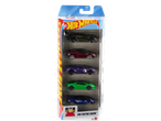 Hot Wheels Car Assortment: 5-pack of toy cars in black, red, purple, green, and blue.