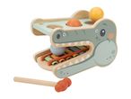 Wooden crocodile-themed hammer bench with colorful xylophone bars and balls, with a hammer.