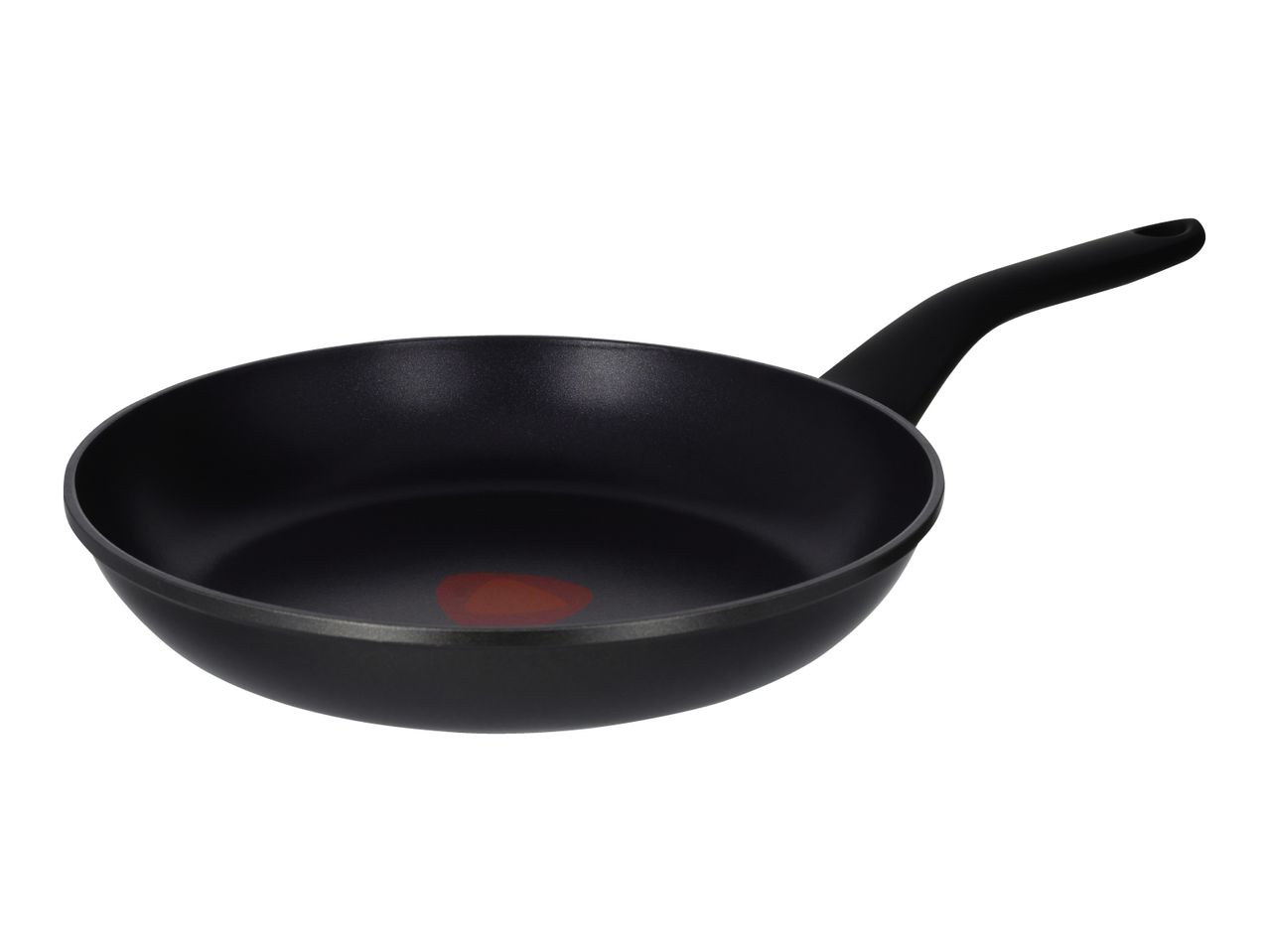 Black frying pan with a red heat indicator in the center