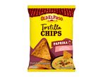 A bag of paprika-flavored tortilla chips with a bowl of cheese dip.