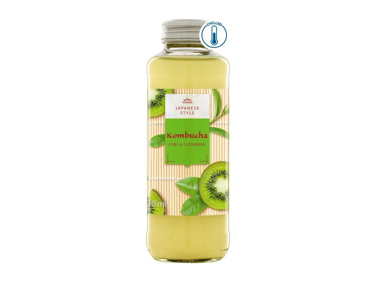 Kombucha drink in a bottle, Japanese style, kiwi and cucumber flavor, 330ml, chilled.