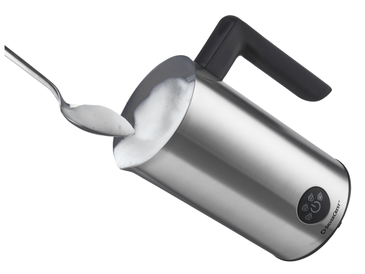 SILVERCREST elektriline piimavahustaja piimavahuga lusikal.