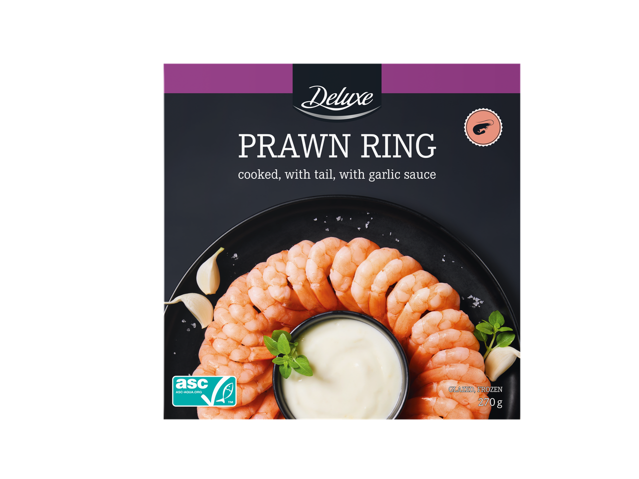 DELUXE krevečių žiedas, virtas, su uodegomis, su česnakiniu padažu, 270g.