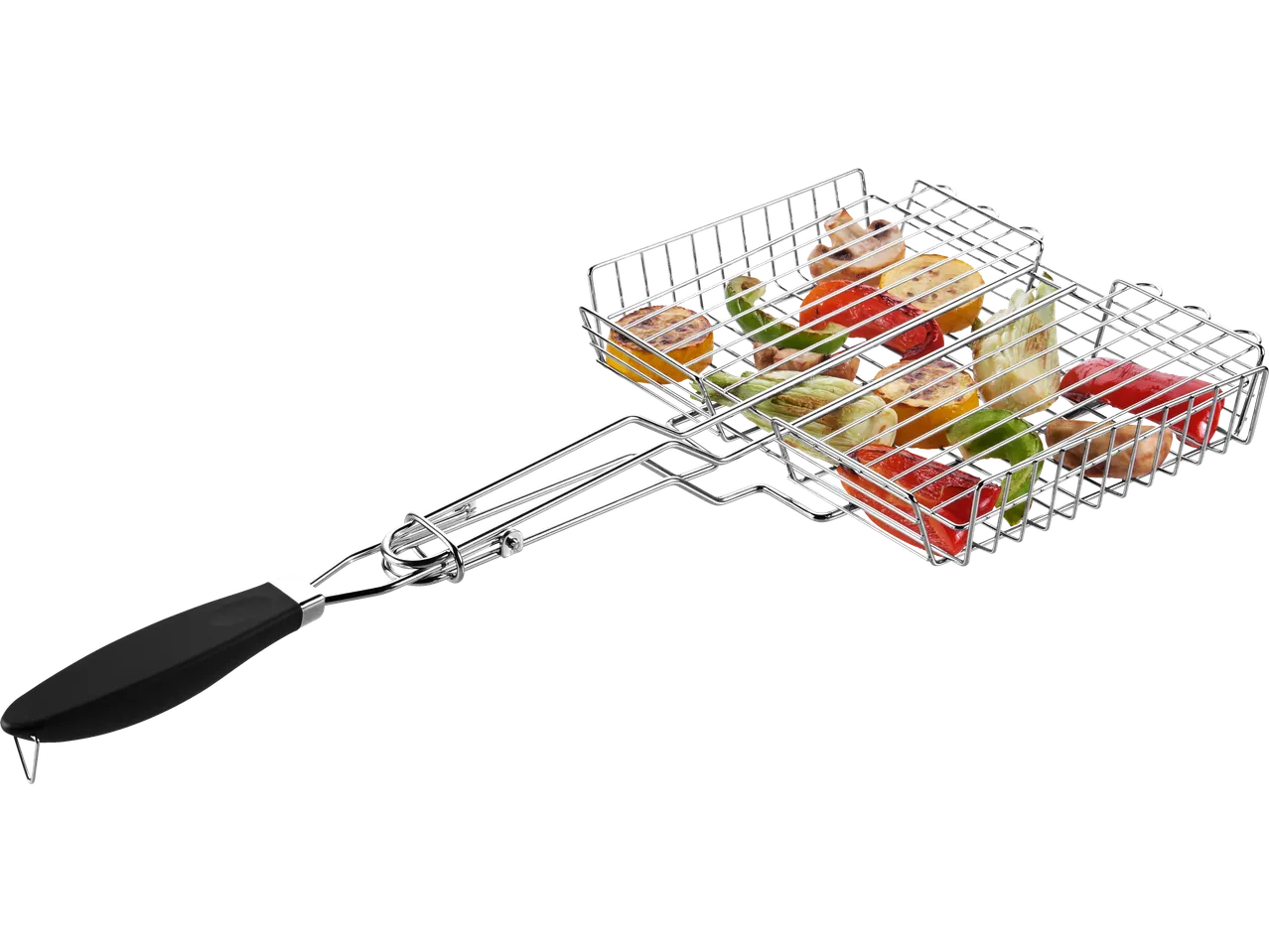 Cesta para grelhar com legumes grelhados.