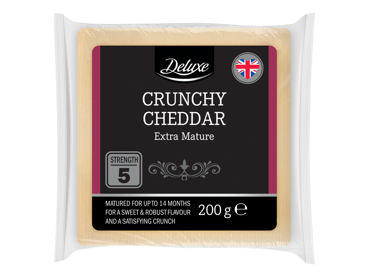 Fromage cheddar extra mature de 200g, emballé, avec une force de 5.