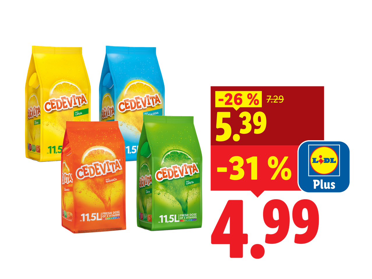 Štiri vrečke instant napitka z okusom limone, pomaranče in limete, z rdečimi oznakami za popust -26% in -31%.