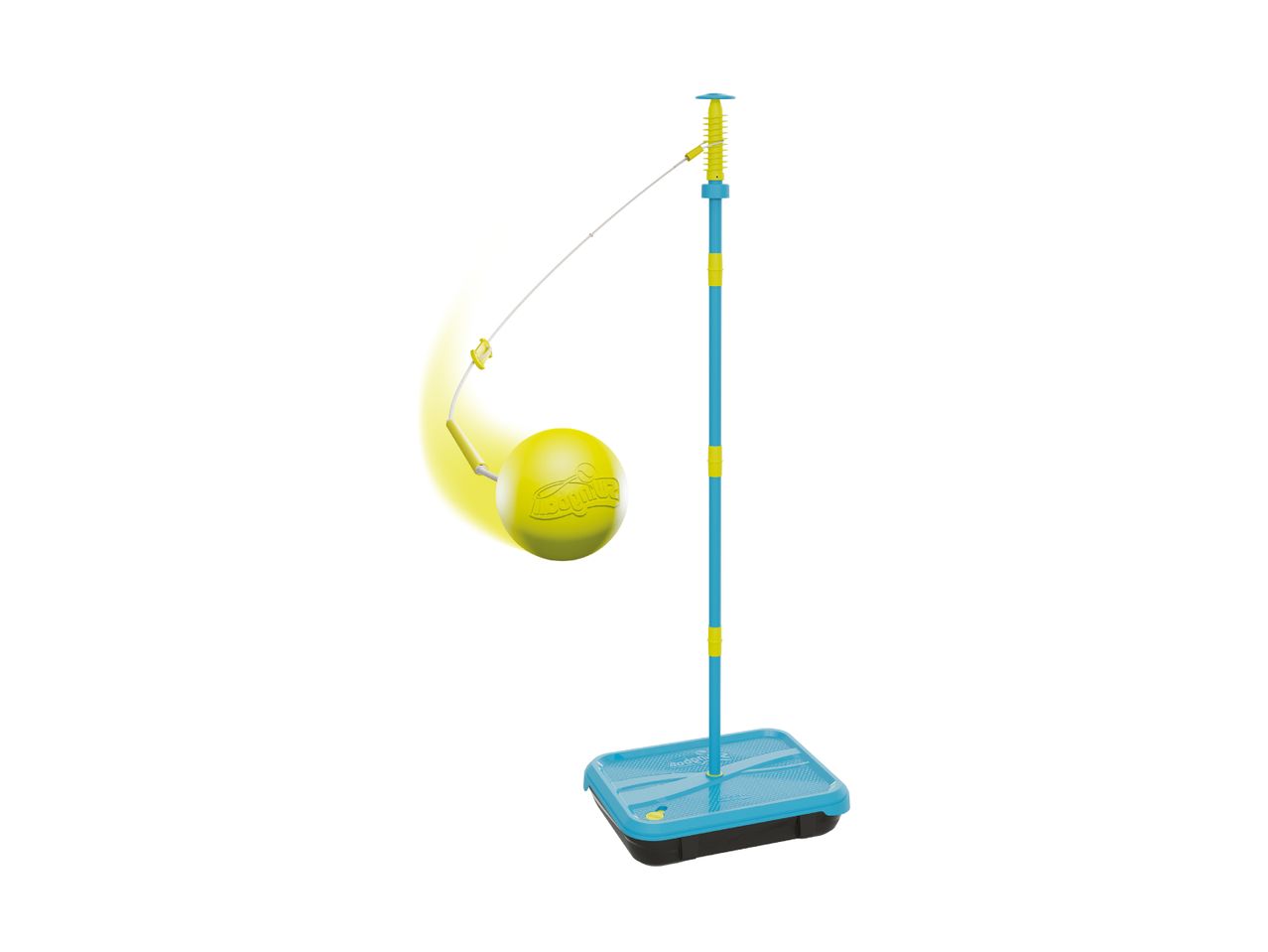 A blue and yellow tetherball set with a yellow ball in motion.