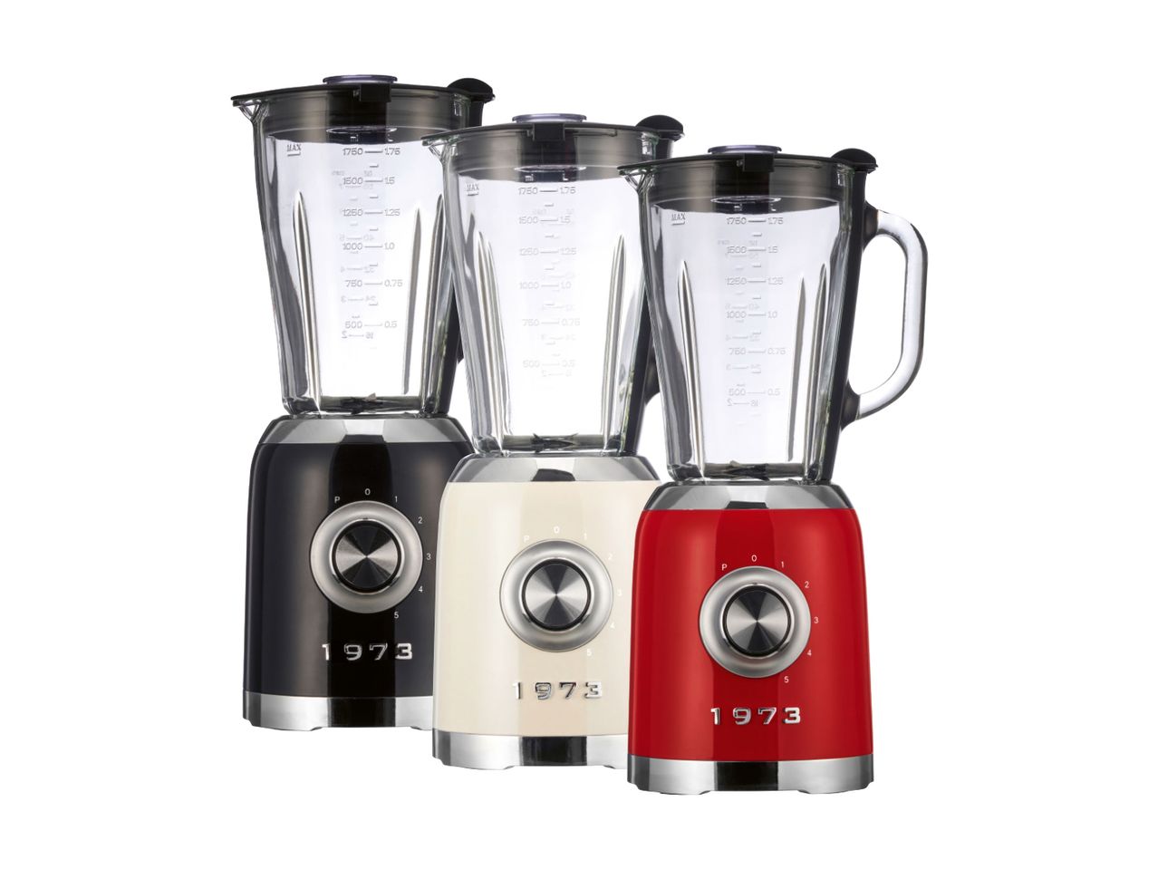 Tri retro blendera u crnoj, bež i crvenoj boji s mjernim čašama i natpisom '1973'.