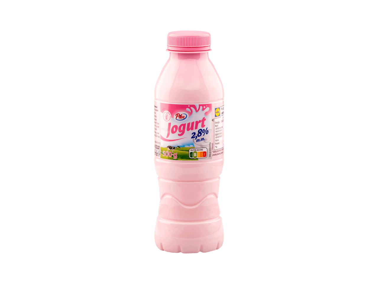 Roze flaša jogurta sa 2,8% mlečne masti i Nutri-Score oznakom.