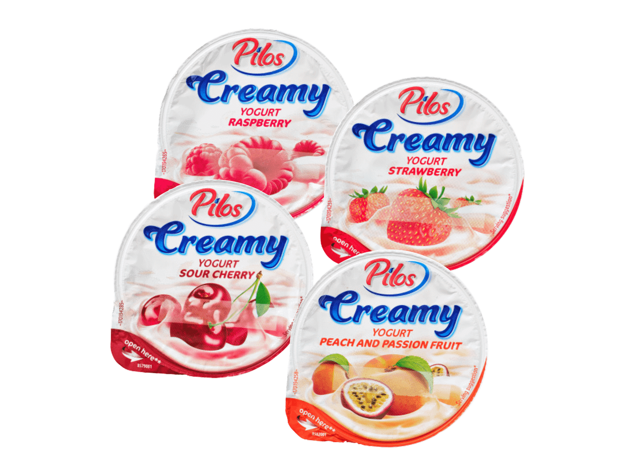 Pilos Creamy jogurti ar aveņu, zemeņu, skābo ķiršu, persiku un pasifloras augļu garšu.