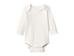 White long-sleeved baby bodysuit with snap fasteners at the crotch.