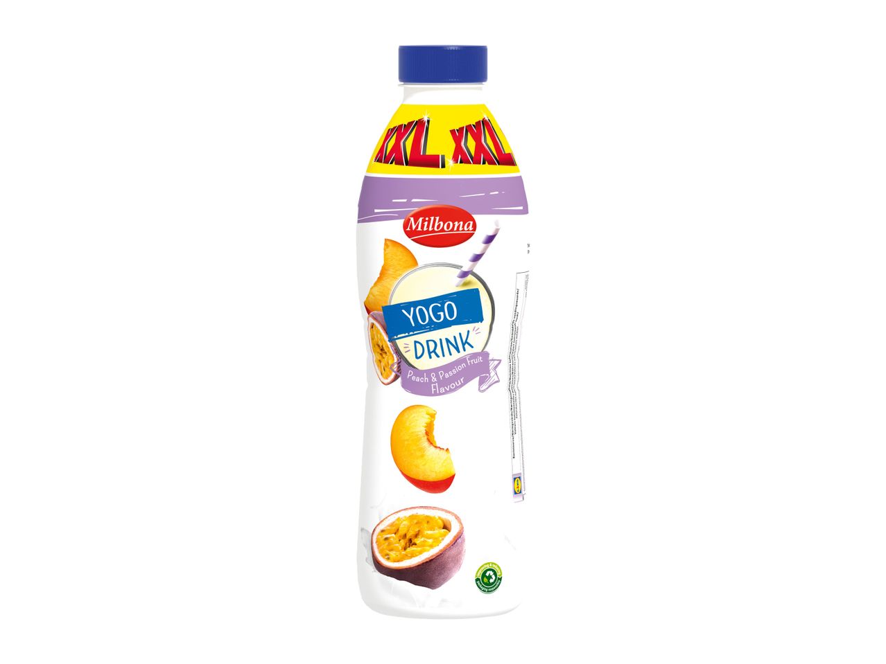 Milbona Yogodrink XXL bottle, Peach & Passion Fruit flavor.
