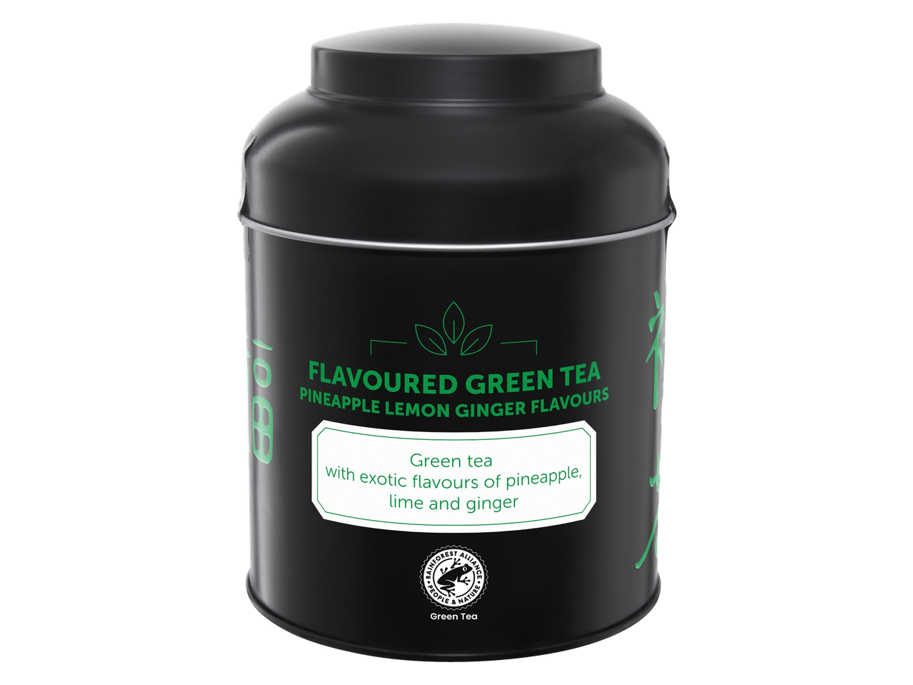 Black tea tin with green text: 'FLAVOURED GREEN TEA PINEAPPLE LEMON GINGER FLAVOURS' and 'Green tea with exotic flavours of pineapple, lime and ginger'.