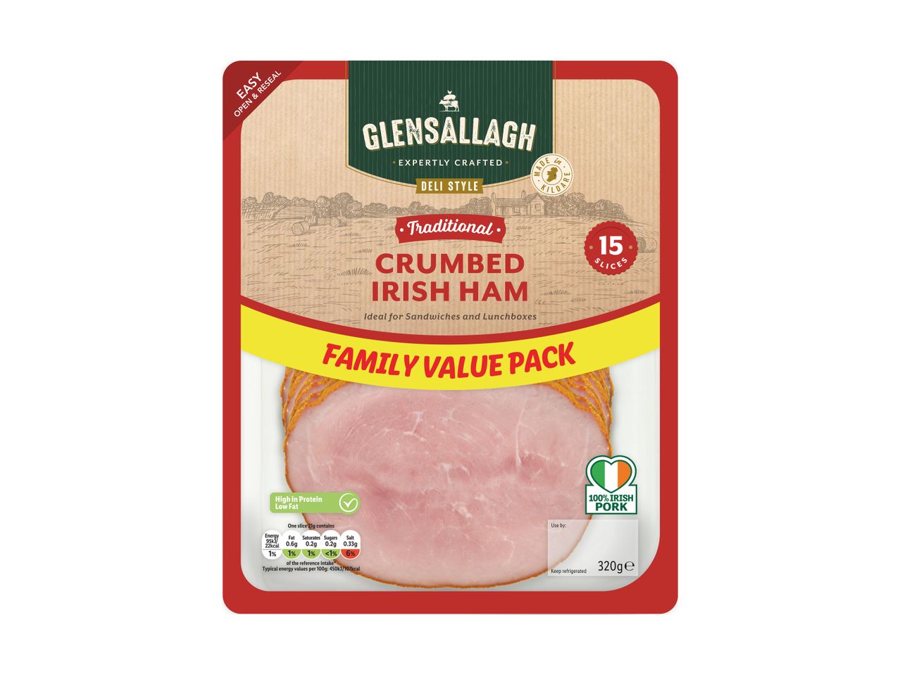 Glensallagh Deli Style Traditional Crumbed Irish Ham, Family Value Pack (320g, 15 slices).