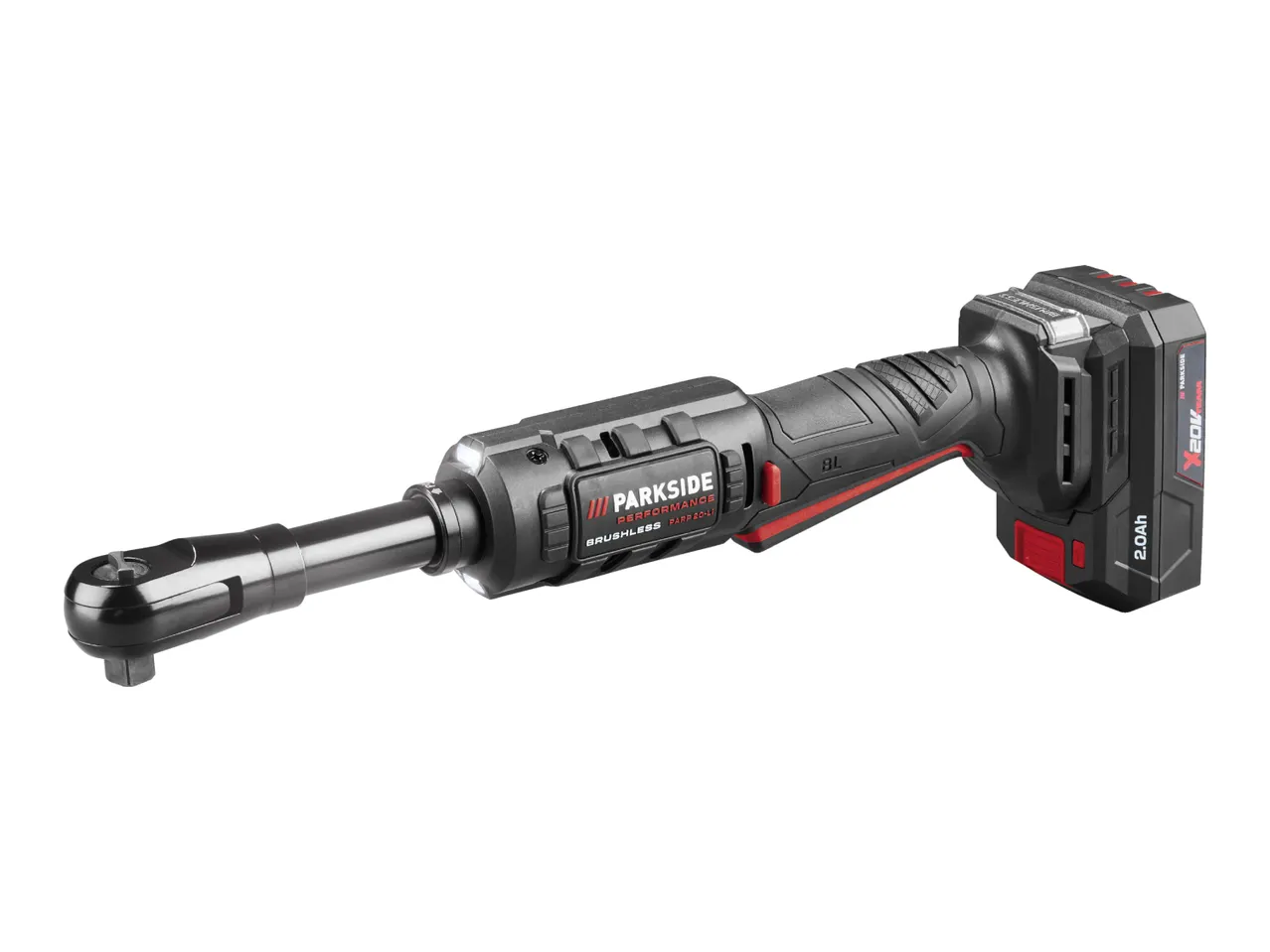 Cordless performance ratchet with a 20V battery pack on a white background.