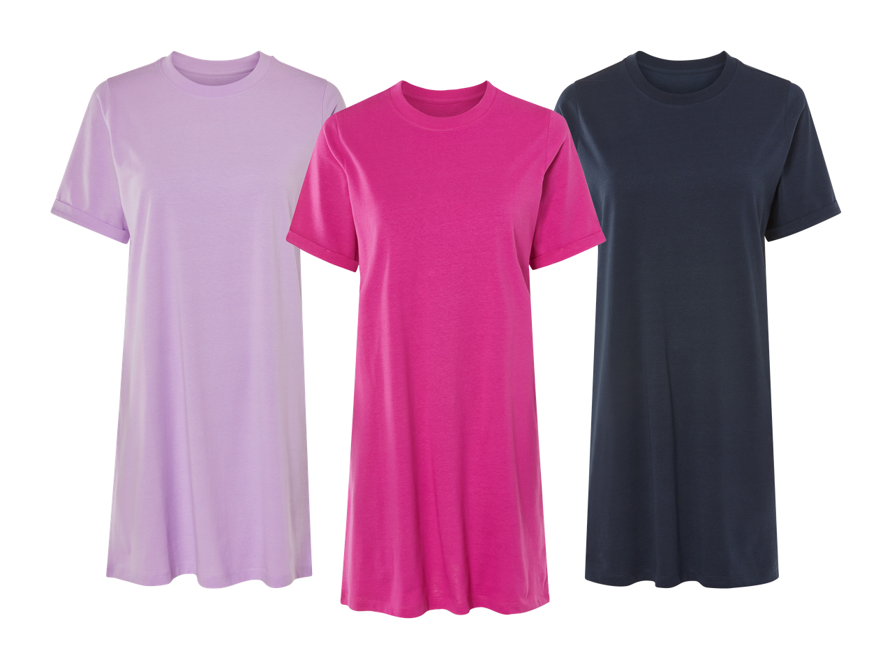 Tri ženske majice v vijolični, roza in temno modri barvi.
