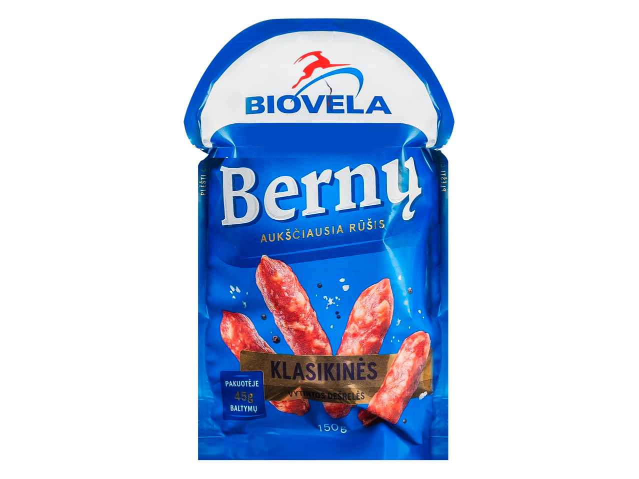 Mėlynas „Biovela Bernų“ vytintų dešrelių paketas su užrašu „Klasikinės“.