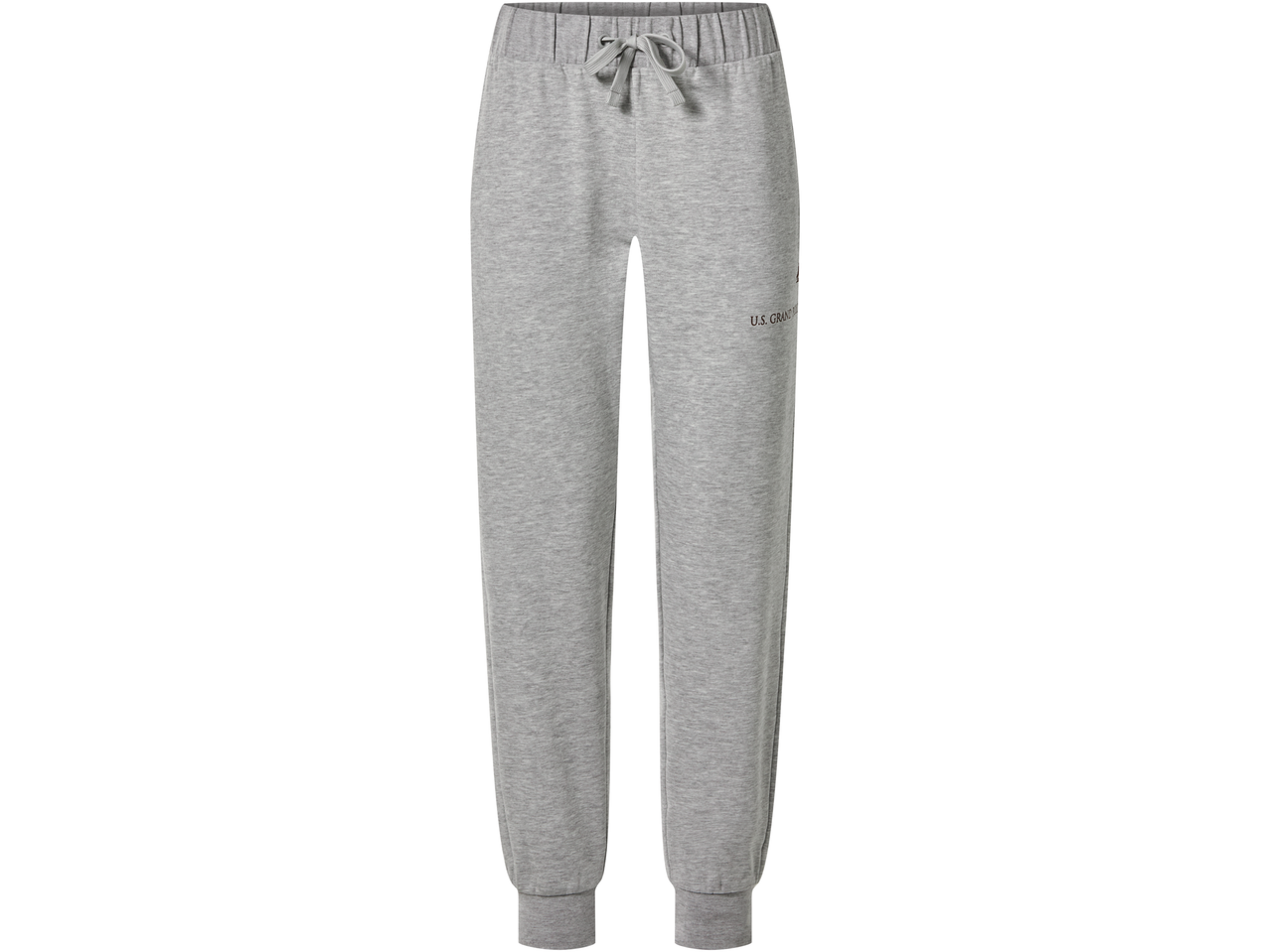 Pelēkas sporta bikses ar savelkamu auklu jostasvietā un tekstu 'U.S. GRAND P' uz augšstilba.