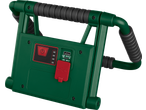Luz de trabalho LED verde com pega, portas USB e indicador de bateria.