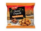 Chorizo-kroketter i en pose med spansk tema, der viser chorizo og kroketter.