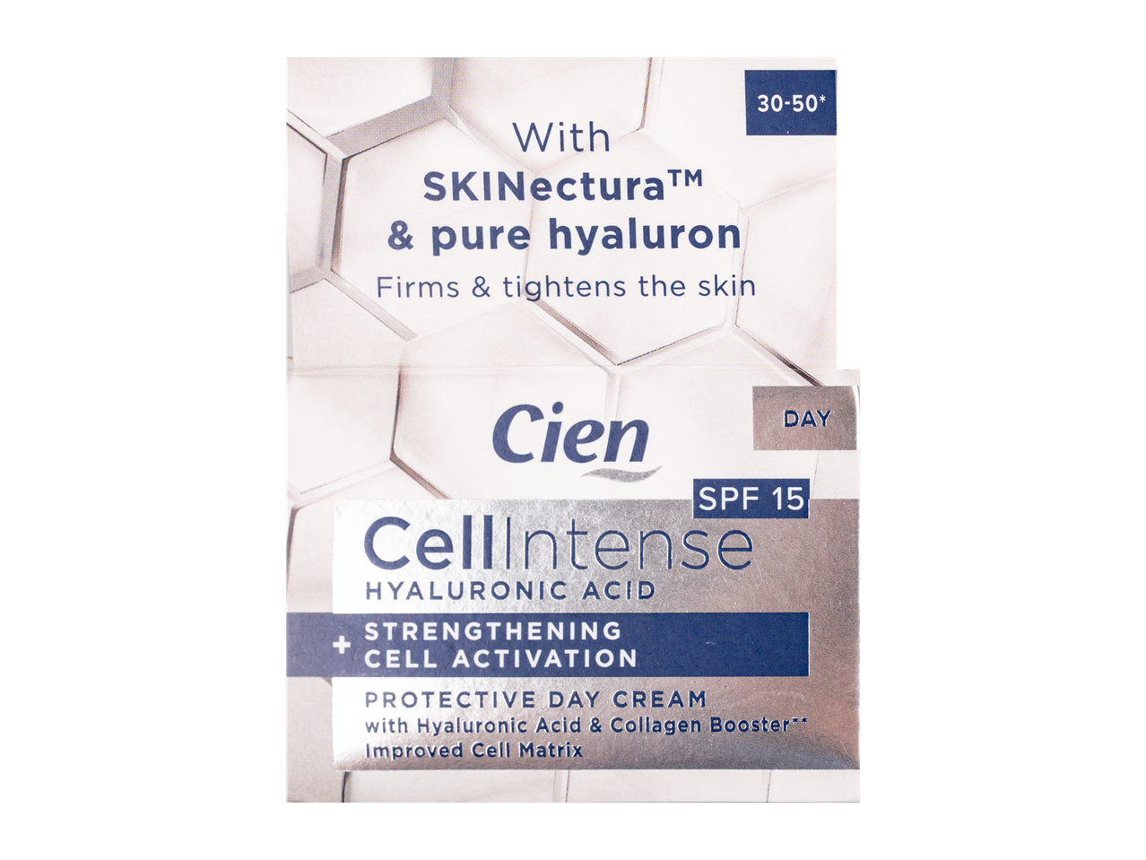 Crema de zi Cien CellIntense cu acid hialuronic, pentru fermitate și hidratare.