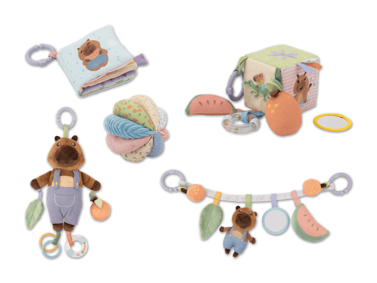 Babyspielzeug-Set mit Stoffbuch, Würfel, Rassel und Beißring in Tier- und Fruchtmotiven.