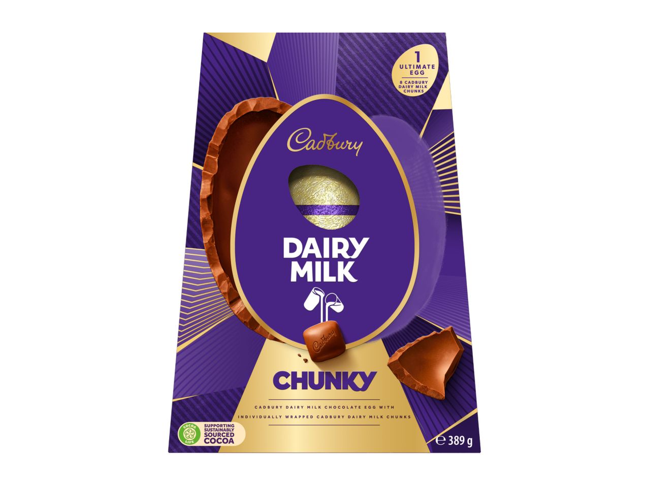 Purple and gold Easter egg box with a chocolate egg and chocolate chunks.