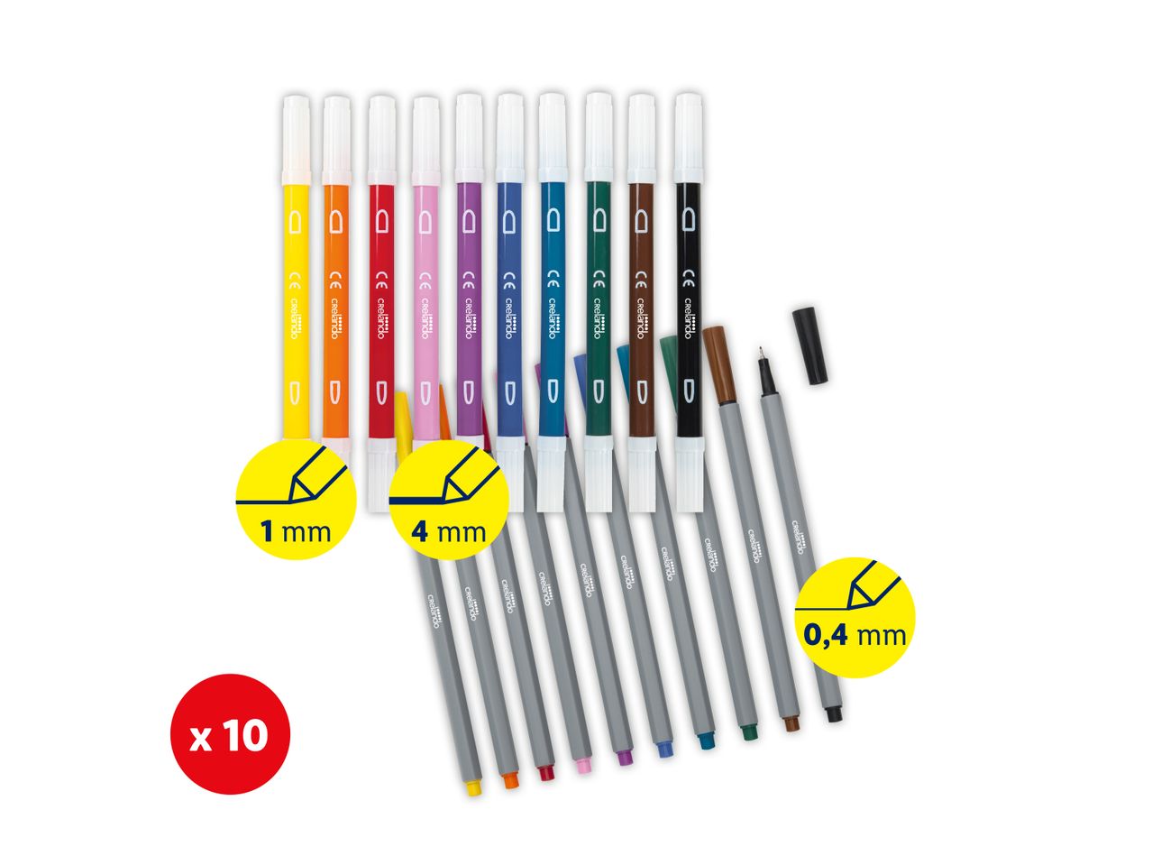 Dvi dešimties 'Crelando' žymeklių rinkinių nuotrauka, kurių linijų storis yra 1 mm, 4 mm ir 0,4 mm.