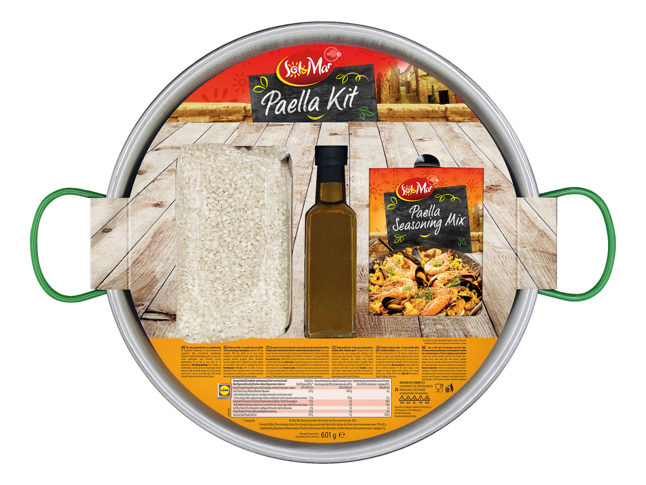 Sol&Mar paellakit: rijst, olie en kruidenmix in een pan.
