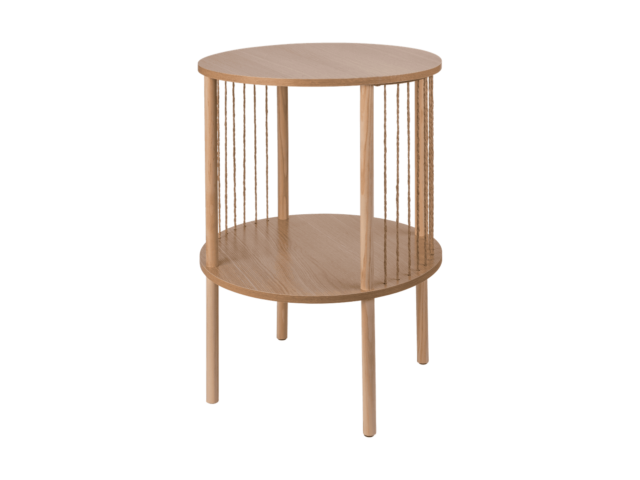Runder Beistelltisch aus hellem Holz mit zwei Ablagen und Seildetails.