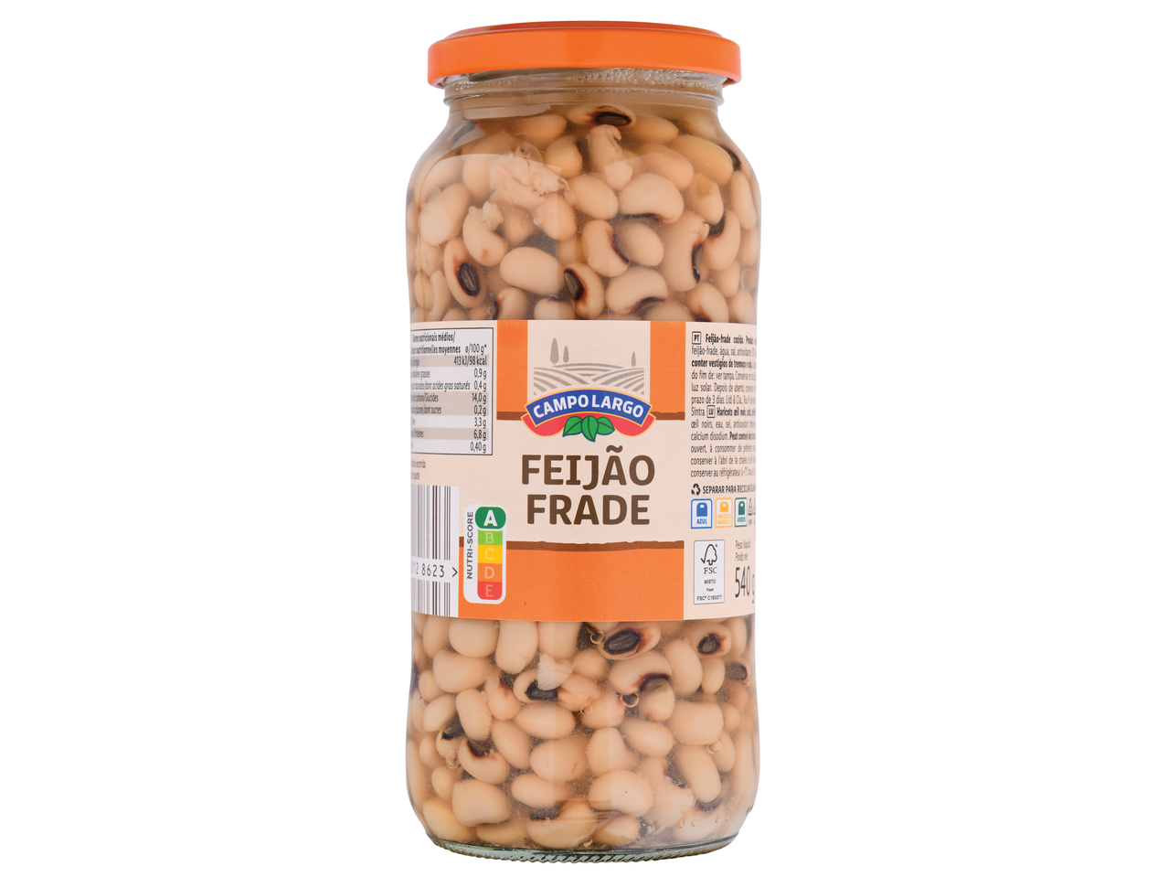 Feijão Frade Campo Largo em frasco de vidro com rótulo Nutri-Score A.