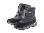 Pair of gray and purple children's winter boots with hook-and-loop fasteners.