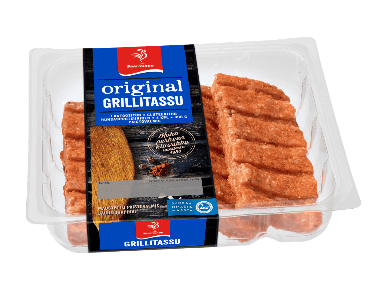 Pakkaus maustettuja, paistovalmiita jauhelihapihvejä, 4 kpl, 300 g.