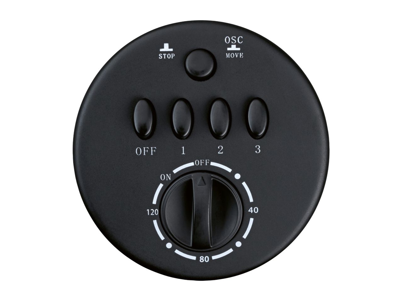 Black control panel with buttons for stop, oscillate, off, 1, 2, 3, and a rotary dial for timer settings (off, on, 40, 80, 120).