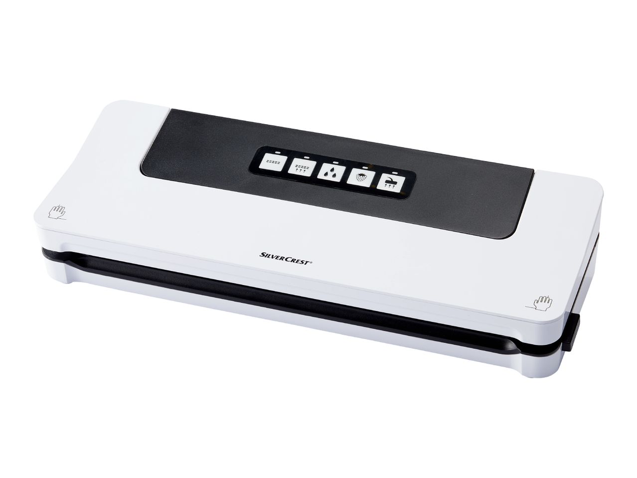 A white and black vacuum sealer sits on a white background.