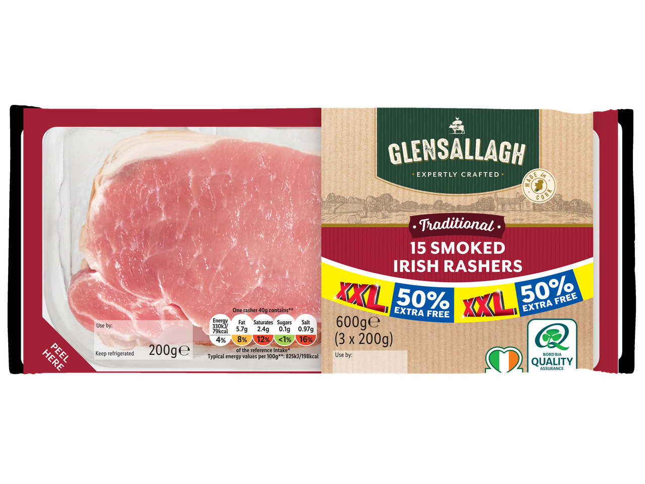 Pack of 15 smoked Irish rashers, 600g (3 x 200g), with 50% extra free.
