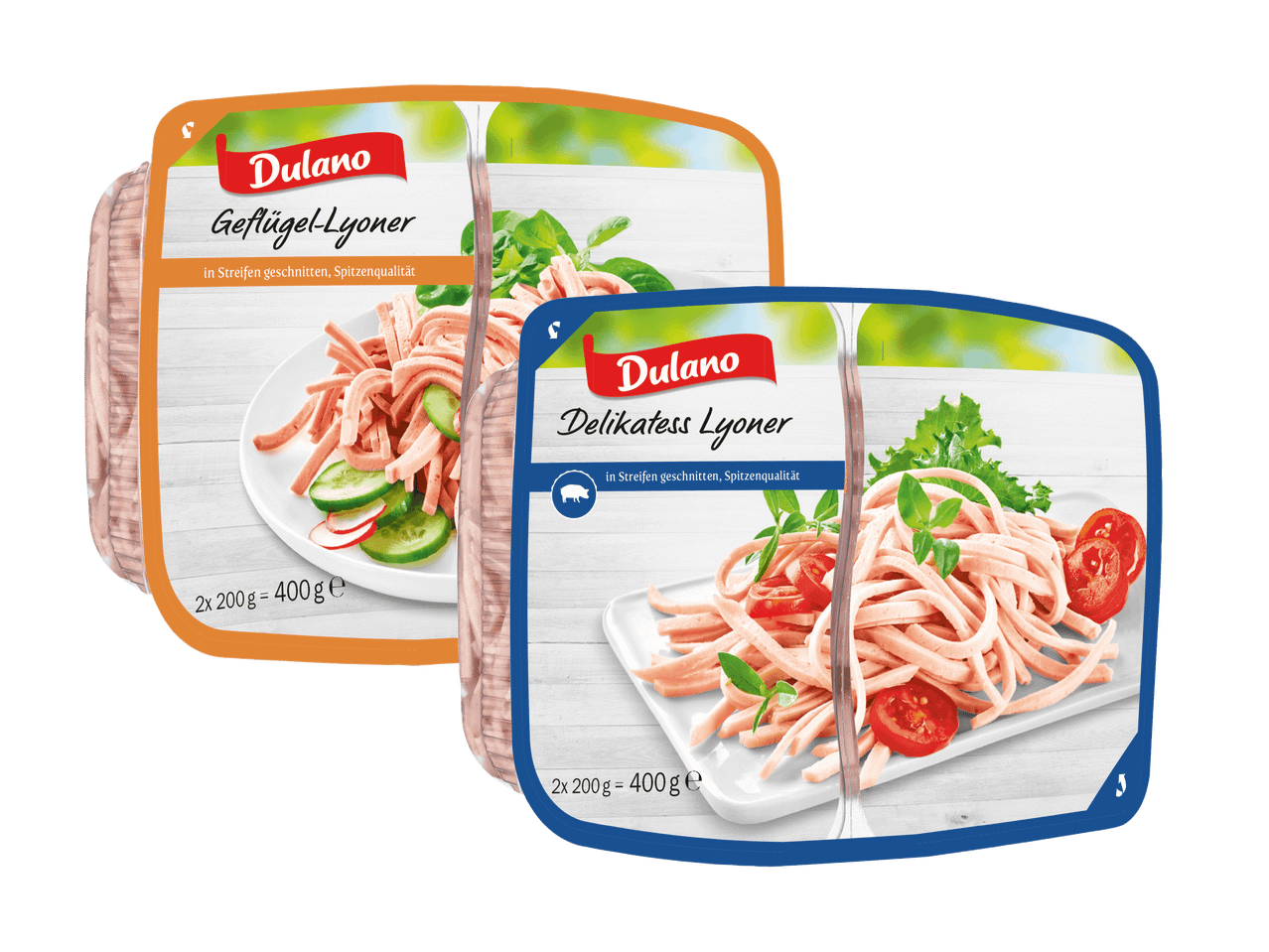 Zwei Packungen Dallmayr Geflügelsalat, eine in Orange, eine in Blau.