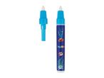 Two blue water pens, one with a cap off, featuring an underwater theme with crabs and seaweed.