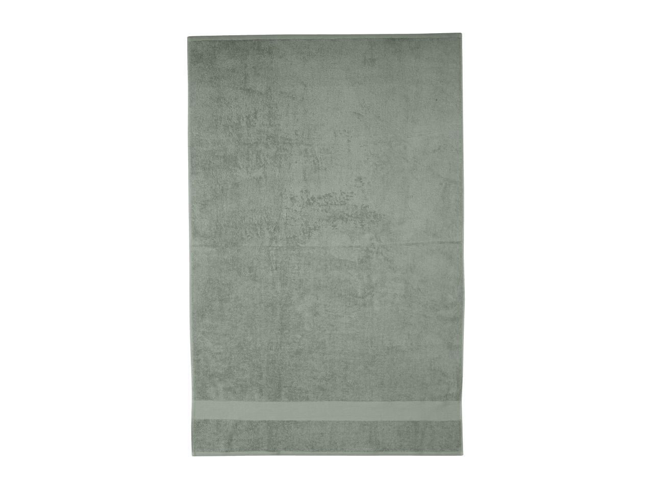 A single, rectangular, sage green bath towel with a subtle textured pattern.