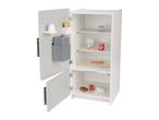 White wooden toy refrigerator with play food items like milk, yogurt, and ice cream.