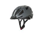 Grey bicycle helmet with black visor and reflective straps