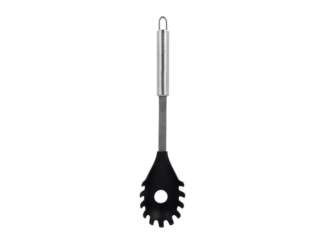 Black and silver pasta spoon with a hanging loop