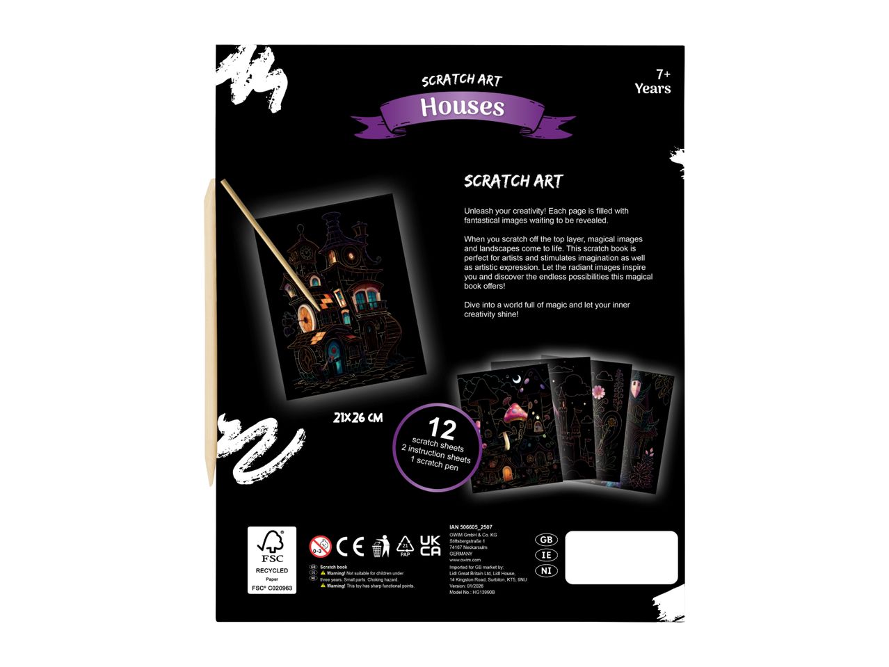 Scratch art kit for ages 7+ featuring houses, with 12 scratch sheets, 2 instruction sheets, and a scratch pen.