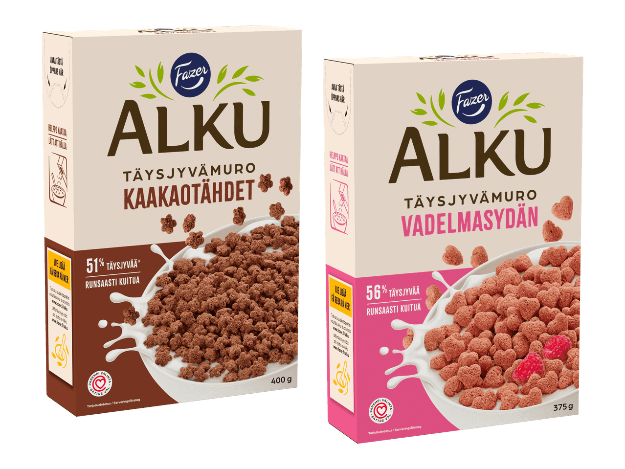 Fazer Alku täysjyvämurot: kaakaotähdet ja vadelmasydämet.
