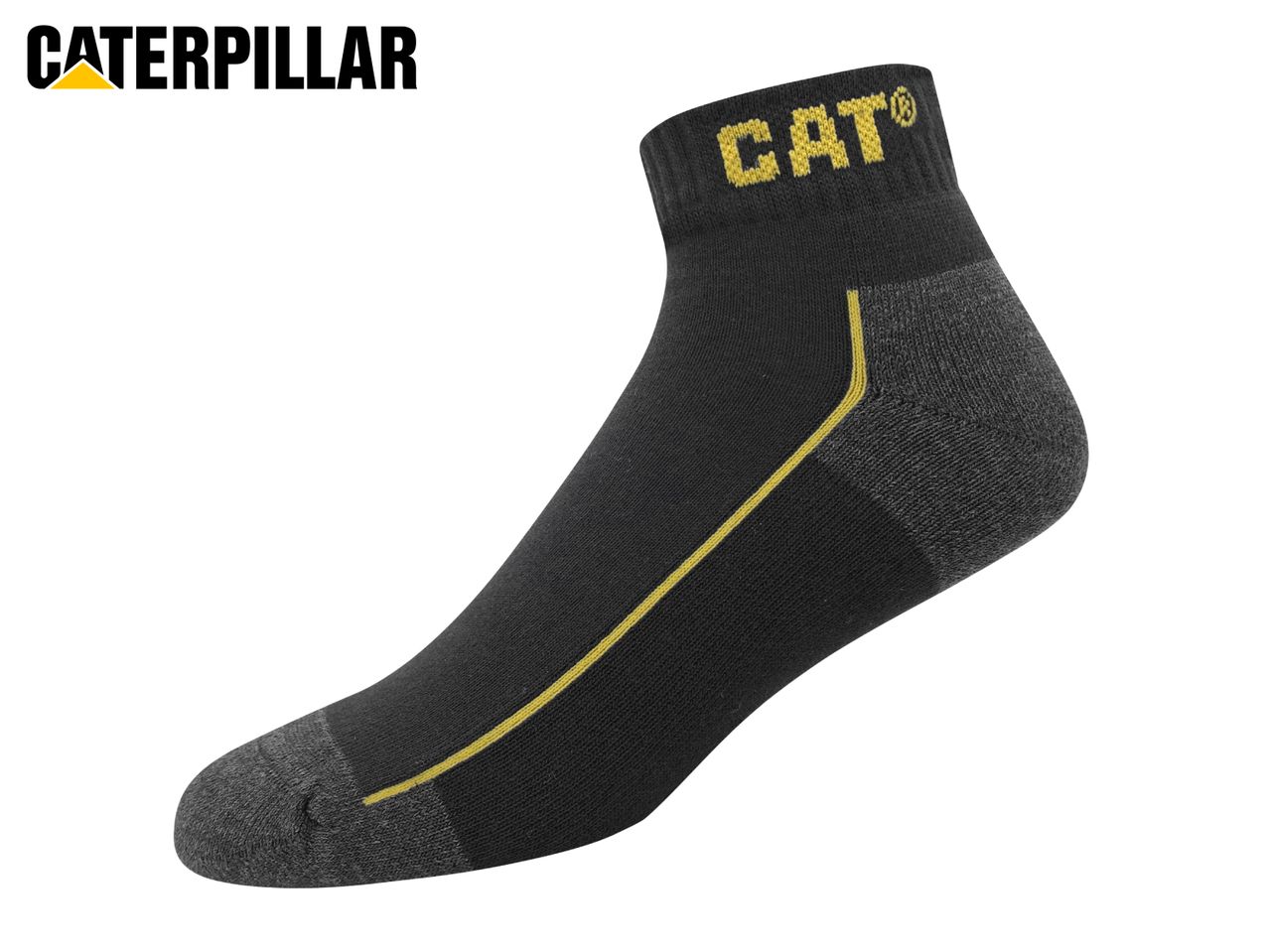 Black ankle sock with yellow stripe and text on the cuff