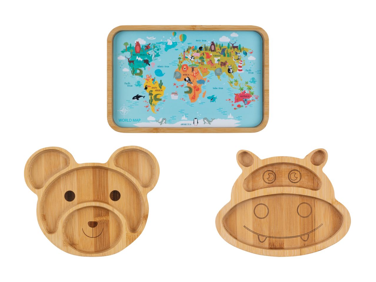 Bambus-Kindergeschirr mit Weltkarte und Tiermotiven.
