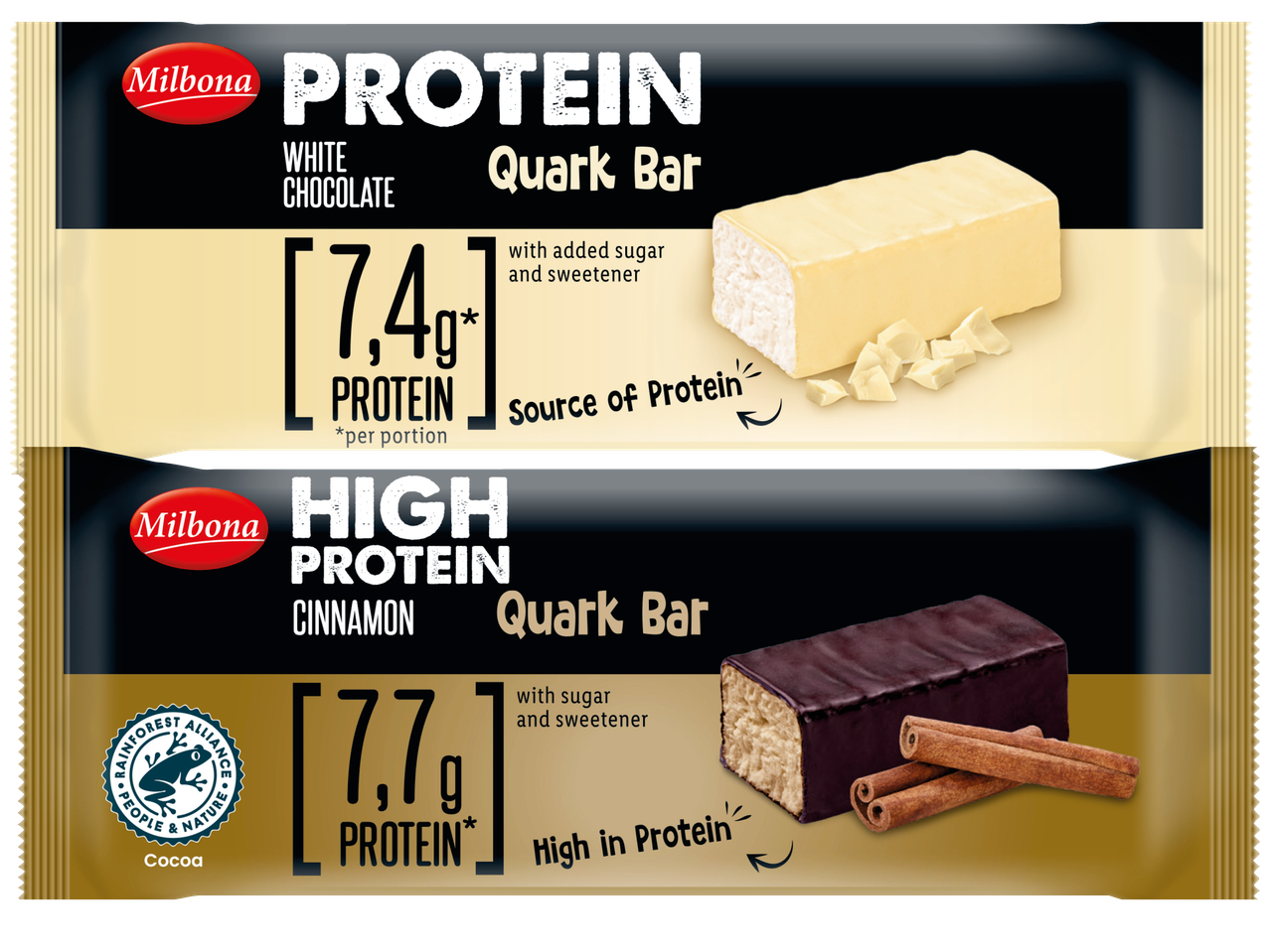 Två Milbona Quark proteinbars, en vit choklad och en kanel.